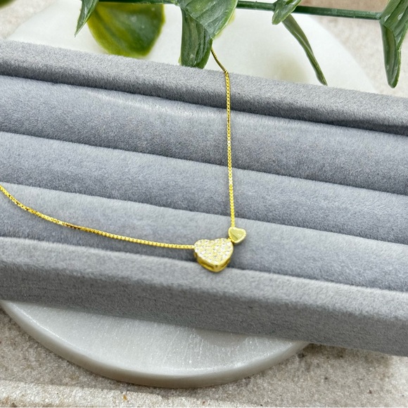 925 Sterling Silver Double Heart Pendent Necklace With Zirconia - Picture 2 of 12